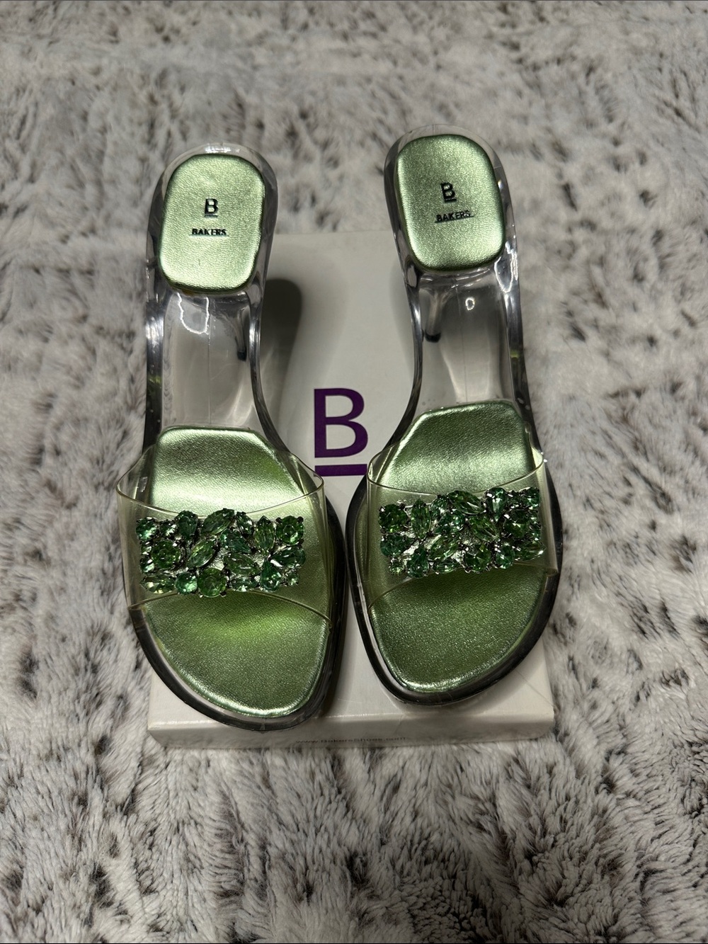 Bakers Metallic Green Gem-Embellished Clear Strap Slides